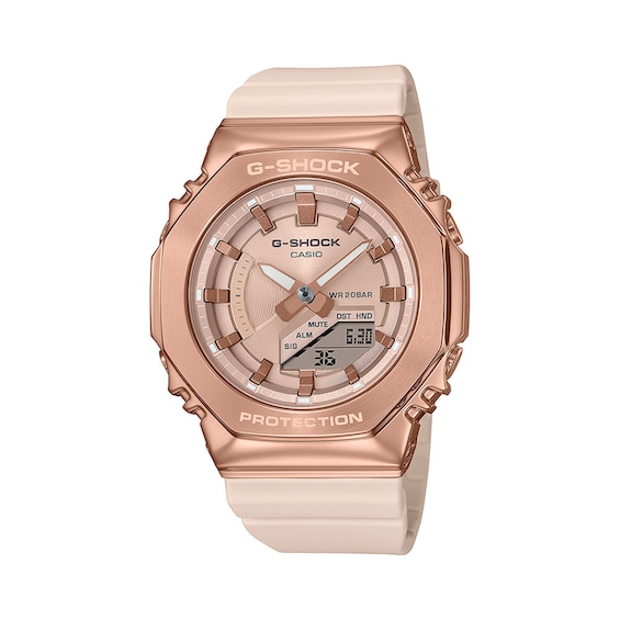 Ladies' Casio G-Shock Classic Analog-Digital Rose Gold-Tone Pink Resin Strap Watch with Pink Dial (Model: Gms2100Pg-4A)