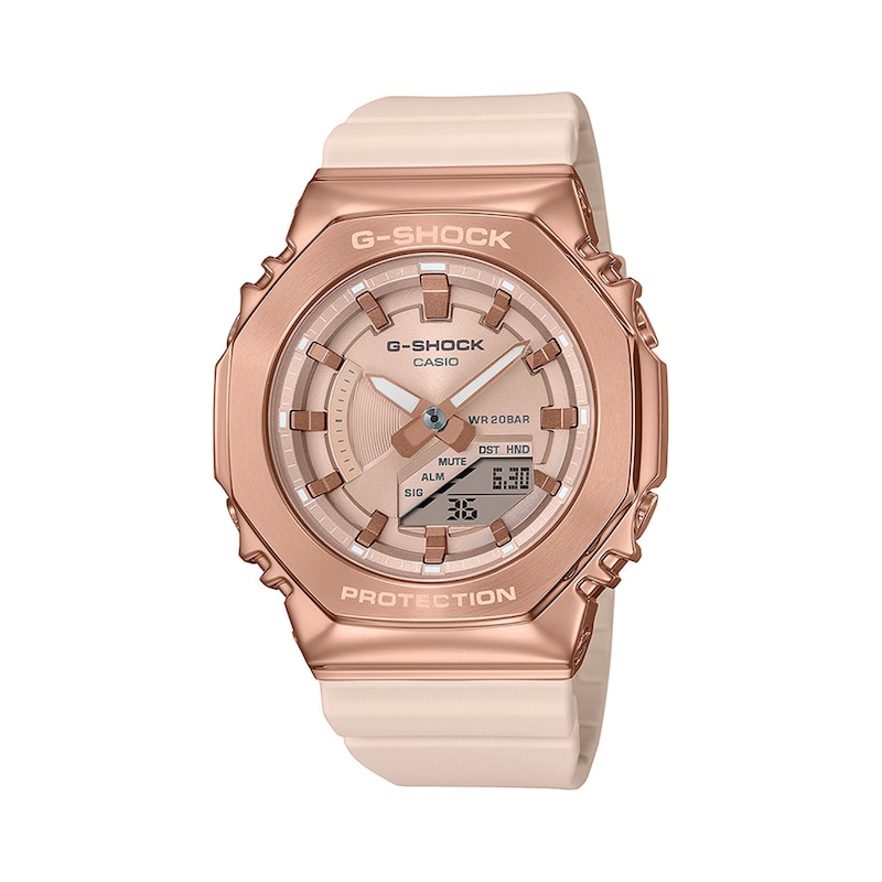 Ladies' Casio G-Shock Classic Analog-Digital Rose Gold-Tone Pink Resin Strap Watch with Pink Dial (Model: GMS2100PG-4A)