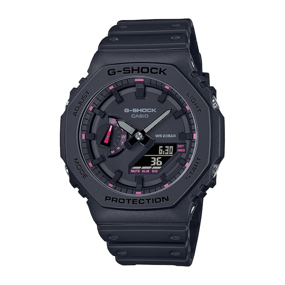 Men's Casio G-Shock Classic Analog-Digital Black Resin Strap Watch with Black Dial and Pink Accents (Model: Ga2100P-1A)
