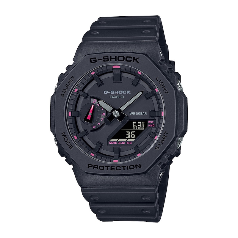 Main Image 1 of Men's Casio G-Shock Classic Analog-Digital Black Resin Strap Watch with Black Dial and Pink Accents (Model: GA2100P-1A)