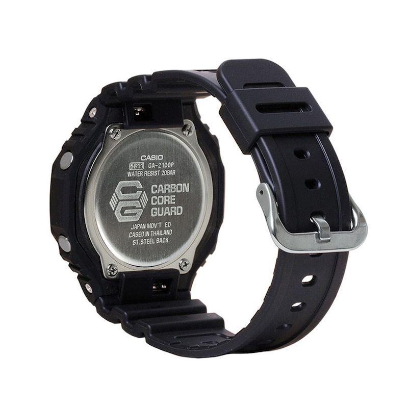 Main Image 2 of Men's Casio G-Shock Classic Analog-Digital Black Resin Strap Watch with Black Dial and Pink Accents (Model: GA2100P-1A)