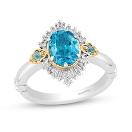 Enchanted Disney Jasmine Oval Swiss Blue Topaz and 1/5 CT. T.W. Baguette Diamond Frame Ring in 14K Two-Tone Gold
