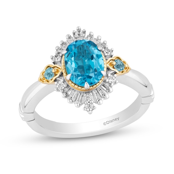 Enchanted Disney Jasmine Oval Swiss Blue Topaz and 1/5 CT. T.w. Baguette Diamond Frame Ring in 14K Two-Tone Gold