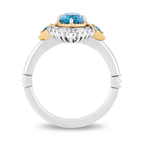 Enchanted Disney Jasmine Oval Swiss Blue Topaz and 1/5 CT. T.w. Baguette Diamond Frame Ring in 14K Two-Tone Gold
