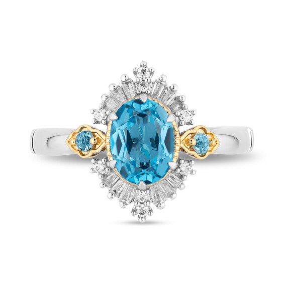 Enchanted Disney Jasmine Oval Swiss Blue Topaz and 1/5 CT. T.w. Baguette Diamond Frame Ring in 14K Two-Tone Gold