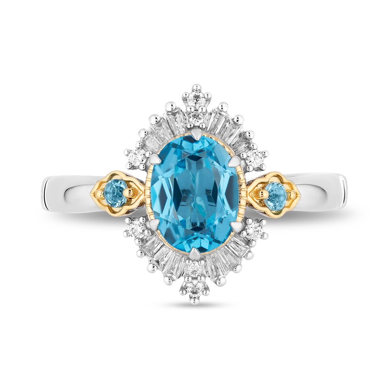 Main Image 4 of Enchanted Disney Jasmine Oval Swiss Blue Topaz and 1/5 CT. T.W. Baguette Diamond Frame Ring in 14K Two-Tone Gold