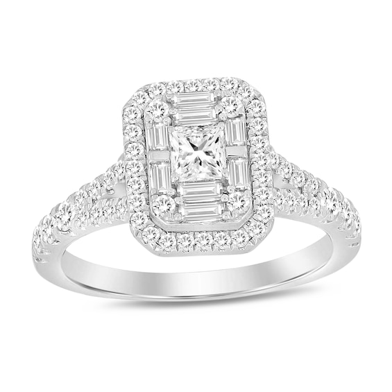 3/4 CT. T.w. Emerald-Shaped Multi-Diamond Frame Split Shank Engagement Ring in 10K White Gold