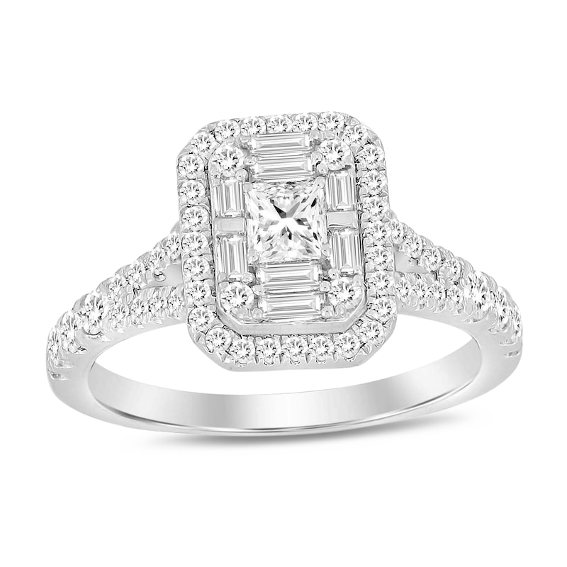 Main Image 1 of 3/4 CT. T.W. Emerald-Shaped Multi-Diamond Frame Split Shank Engagement Ring in 10K White Gold