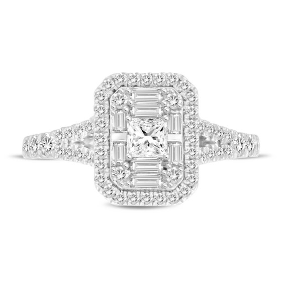 3/4 CT. T.w. Emerald-Shaped Multi-Diamond Frame Split Shank Engagement Ring in 10K White Gold