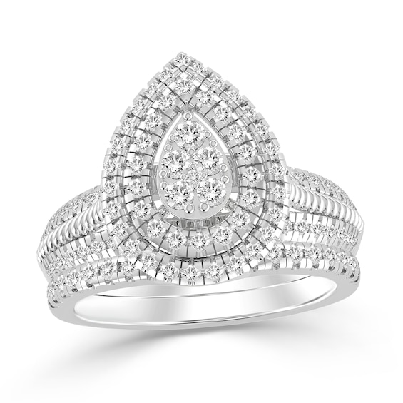 1 CT. T.w. Pear Multi-Diamond Teardrop Frame Beaded Shank Bridal Set in 10K White Gold