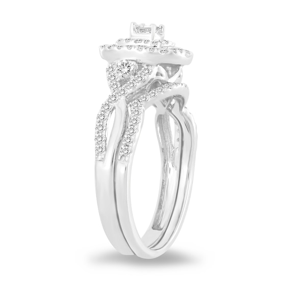 3/4 CT. T.w. Princess-Cut Diamond Cushion Frame Twist Shank Bridal Set in 10K White Gold (I/I2)