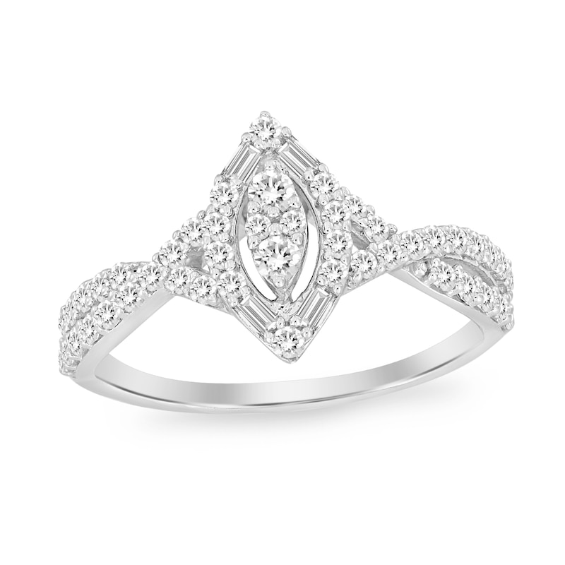 Main Image 1 of 1/2 CT. T.W. Marquise-Shaped Multi-Diamond Frame Twist Shank Ring in 10K White Gold