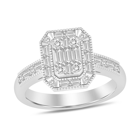 1/2 CT. T.w. Emerald Multi-Diamond Frame Vintage-Style Ring in 10K White Gold