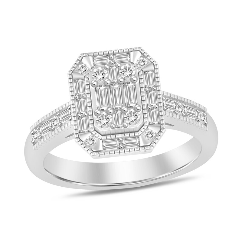 Main Image 1 of 1/2 CT. T.W. Emerald Multi-Diamond Frame Vintage-Style Ring in 10K White Gold