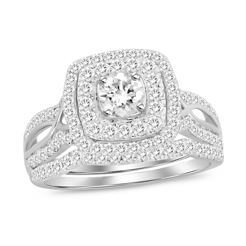 1 CT. T.W. Diamond Cushion Frame Split Shank Bridal Set in 10K White Gold (I/SI2)
