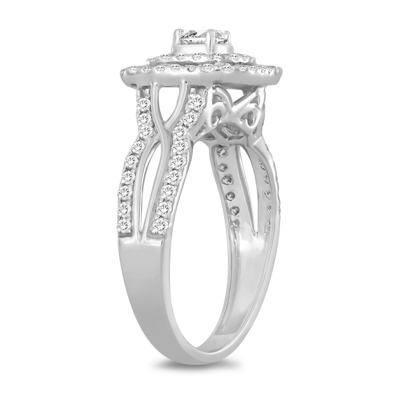 1 CT. T.W. Diamond Cushion Frame Split Shank Bridal Set in 10K White Gold (I/SI2)