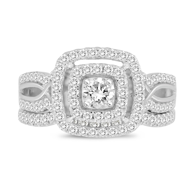 1 CT. T.W. Diamond Cushion Frame Split Shank Bridal Set in 10K White Gold (I/SI2)