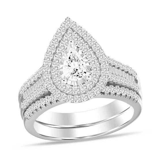 1 CT. T.w. Pear-Shaped Diamond Frame Multi-Row Bridal Set in 14K White Gold (I/I1)