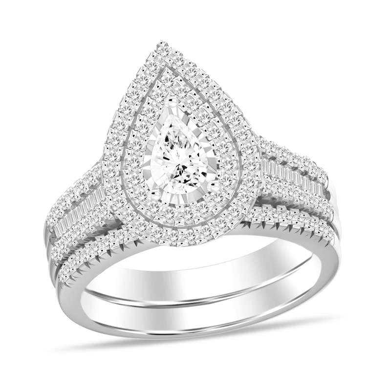Main Image 1 of 1 CT. T.W. Pear-Shaped Diamond Frame Multi-Row Bridal Set in 14K White Gold (I/I1)