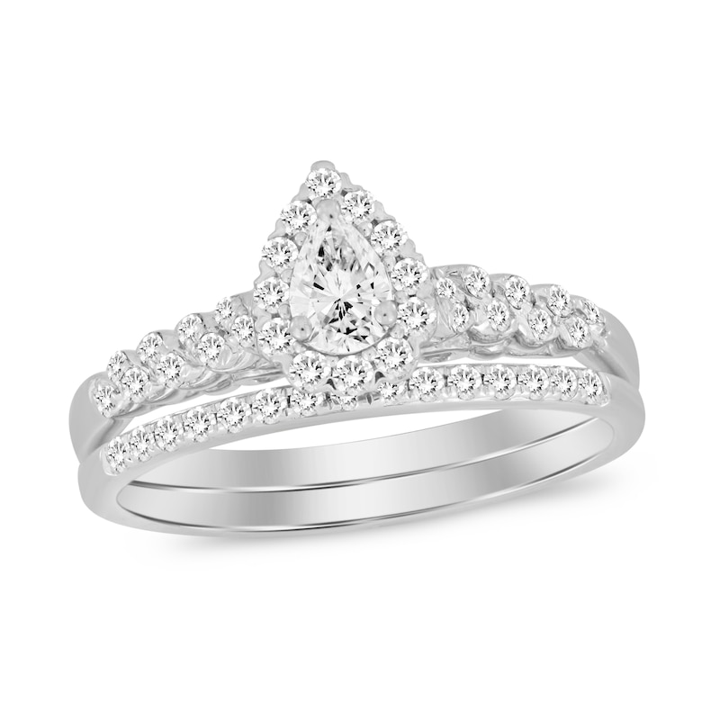 Main Image 1 of 1/2 CT. T.W. Pear-Shaped Diamond Frame Double Row Bridal Set in 10K White Gold (I/I1)