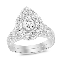 1 CT. T.W. Pear-Shaped Diamond Double Frame Multi-Row Bridal Set in 14K White Gold (I/I1)