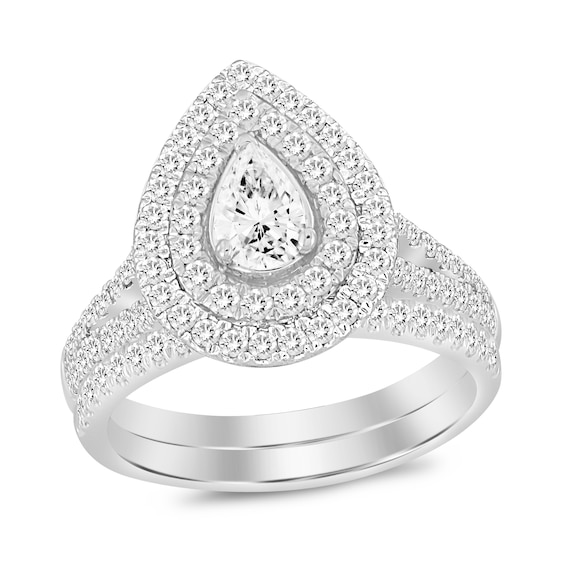 1 CT. T.w. Pear-Shaped Diamond Double Frame Multi-Row Bridal Set in 14K White Gold (I/I1)