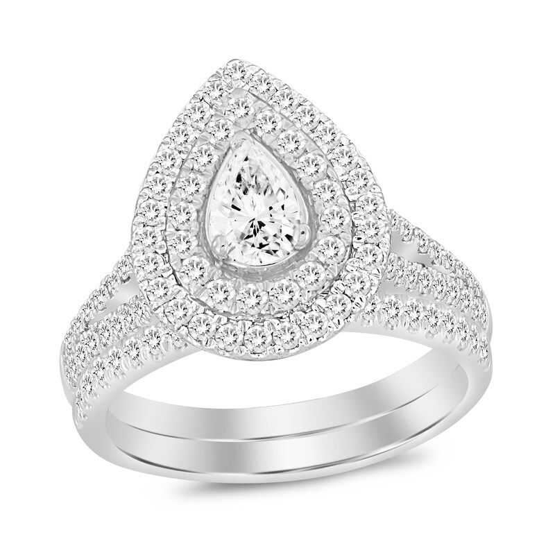 Main Image 1 of 1 CT. T.W. Pear-Shaped Diamond Double Frame Multi-Row Bridal Set in 14K White Gold (I/I1)