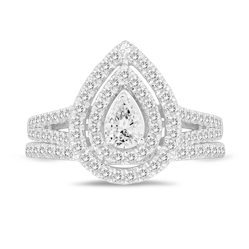 Main Image 3 of 1 CT. T.W. Pear-Shaped Diamond Double Frame Multi-Row Bridal Set in 14K White Gold (I/I1)