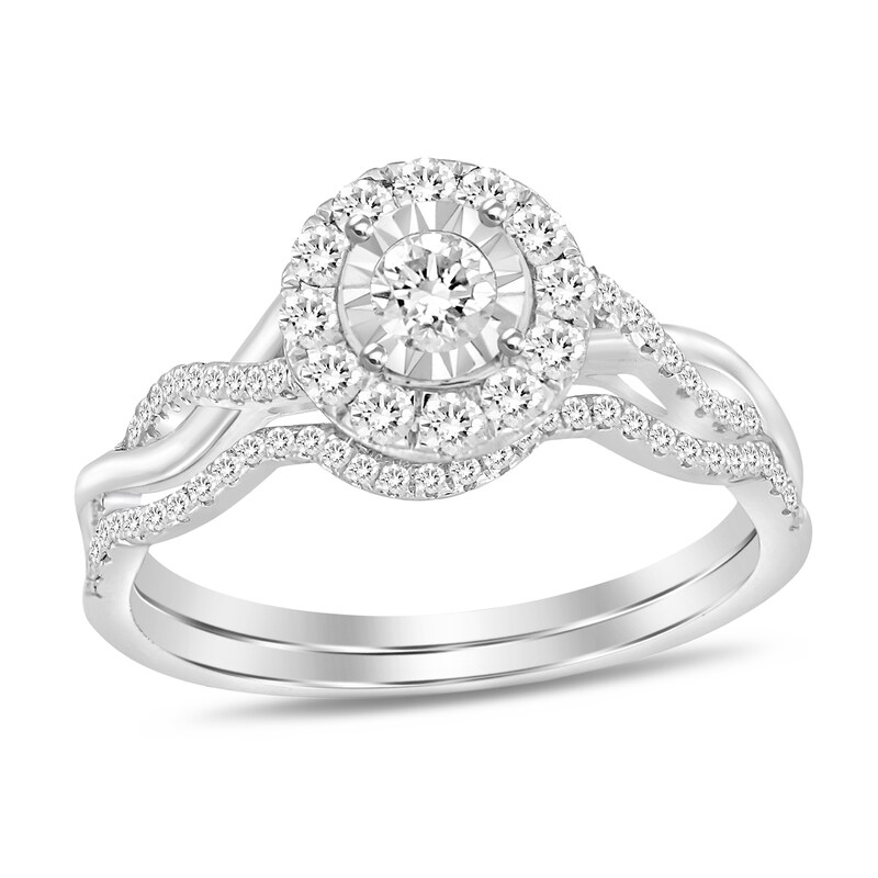 Main Image 1 of 1/2 CT. T.W. Diamond Frame Twist Shank Bridal Set in 10K White Gold (I/I2)