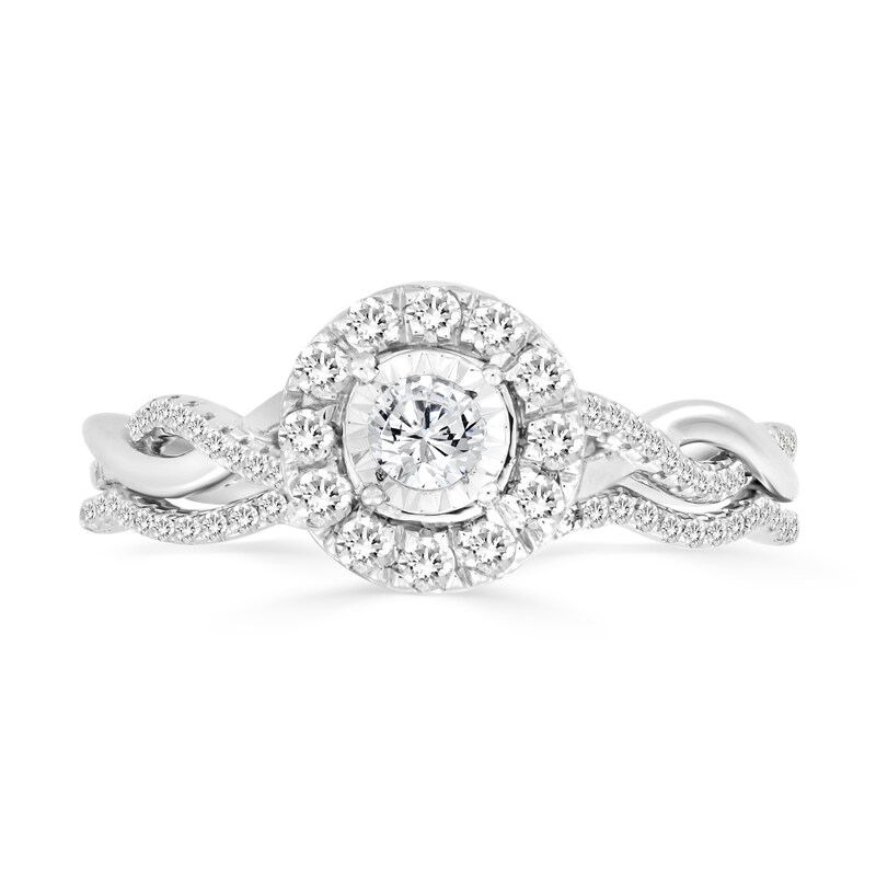 Main Image 3 of 1/2 CT. T.W. Diamond Frame Twist Shank Bridal Set in 10K White Gold (I/I2)