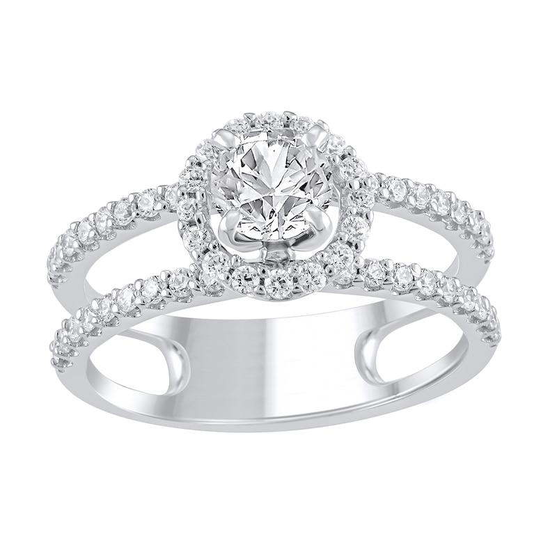 Main Image 1 of 1-1/5 CT. T.W. Diamond Frame Double Row Open Shank Engagement Ring in 14K White Gold (I/I2)