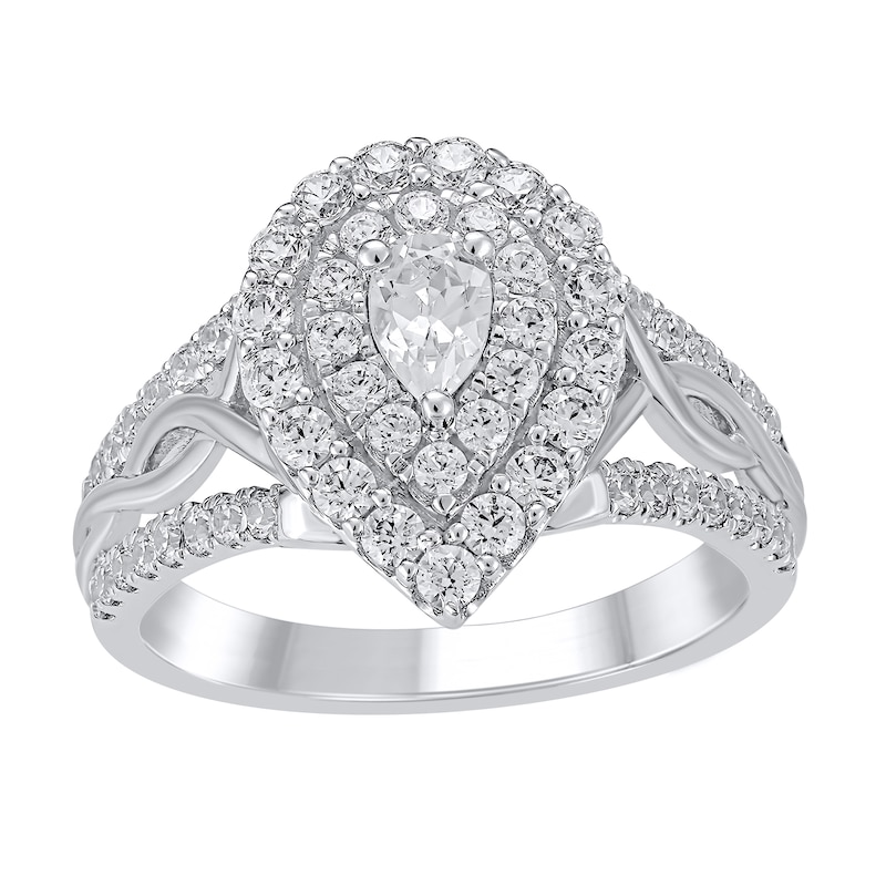 Main Image 1 of 1-1/6 CT. T.W. Pear-Shaped Diamond Double Frame Twist Shank Ring in 14K White Gold