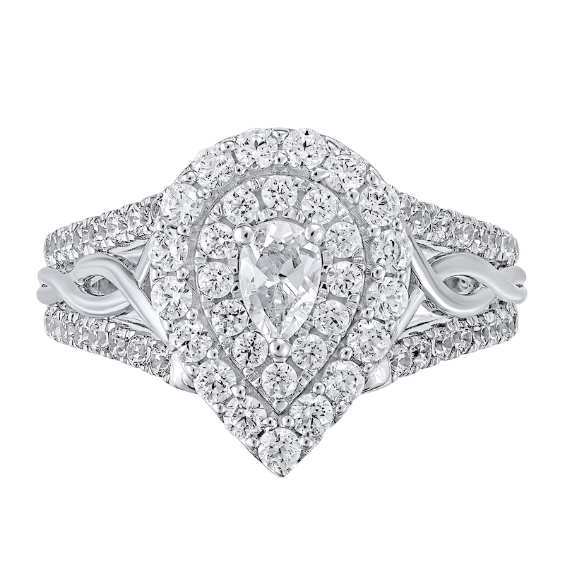 Main Image 2 of 1-1/6 CT. T.W. Pear-Shaped Diamond Double Frame Twist Shank Ring in 14K White Gold