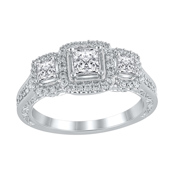 1 CT. T.w. Princess-Cut Diamond Frame Three Stone Vintage-Style Engagement Ring in 14K White Gold