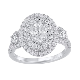 1-1/2 CT. T.W. Oval Multi-Diamond Frame Three Stone Engagement Ring in 10K White Gold