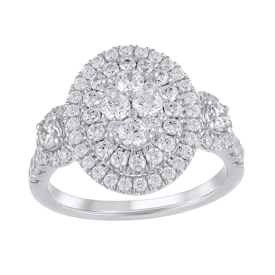 1-1/2 CT. T.w. Oval Multi-Diamond Frame Three Stone Engagement Ring in 10K White Gold