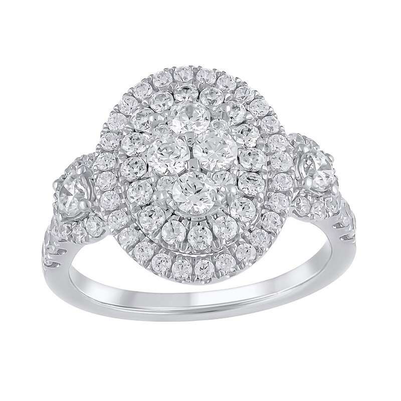 Main Image 1 of 1-1/2 CT. T.W. Oval Multi-Diamond Frame Three Stone Engagement Ring in 10K White Gold
