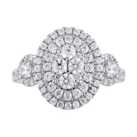 1-1/2 CT. T.w. Oval Multi-Diamond Frame Three Stone Engagement Ring in 10K White Gold
