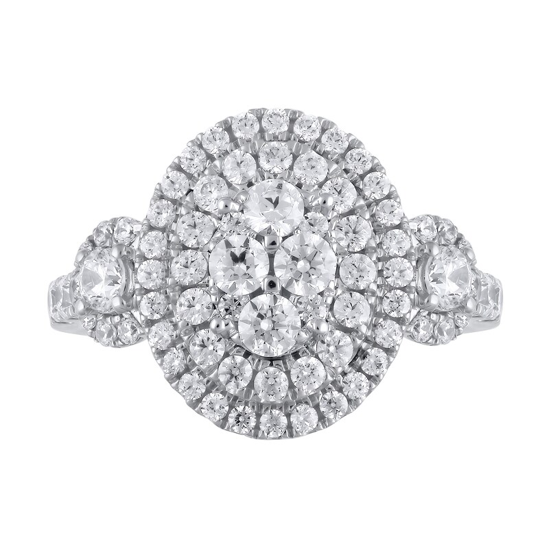 Main Image 2 of 1-1/2 CT. T.W. Oval Multi-Diamond Frame Three Stone Engagement Ring in 10K White Gold