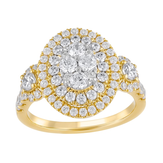 1-1/2 CT. T.w. Oval Multi-Diamond Frame Three Stone Engagement Ring in 10K Gold