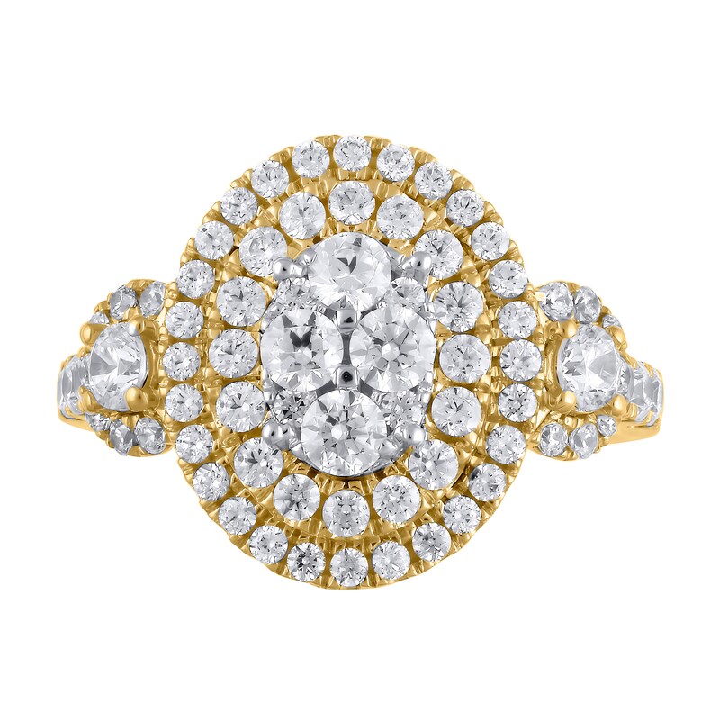Main Image 2 of 1-1/2 CT. T.W. Oval Multi-Diamond Frame Three Stone Engagement Ring in 10K Gold
