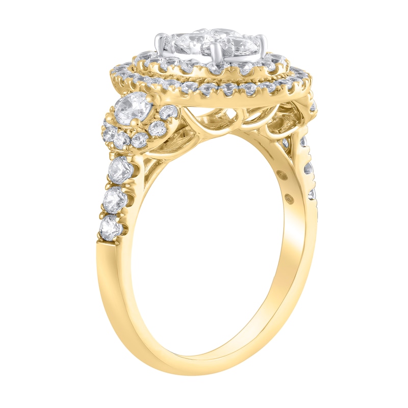 Main Image 3 of 1-1/2 CT. T.W. Oval Multi-Diamond Frame Three Stone Engagement Ring in 10K Gold