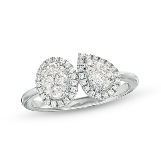 1/2 CT. T.w. Pear and Oval Multi-Diamond Frame Two Stone Ring in 10K White Gold