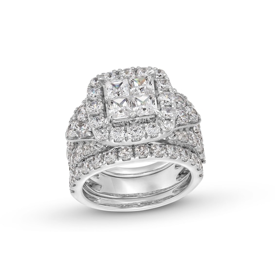 5 CT. T.w. Princess-Cut Quad Cushion Frame Bridal Set in 14K White Gold