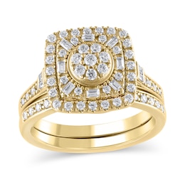 1/2 CT. T.W. Multi-Diamond Cushion Frame Bridal Set in 10K Gold