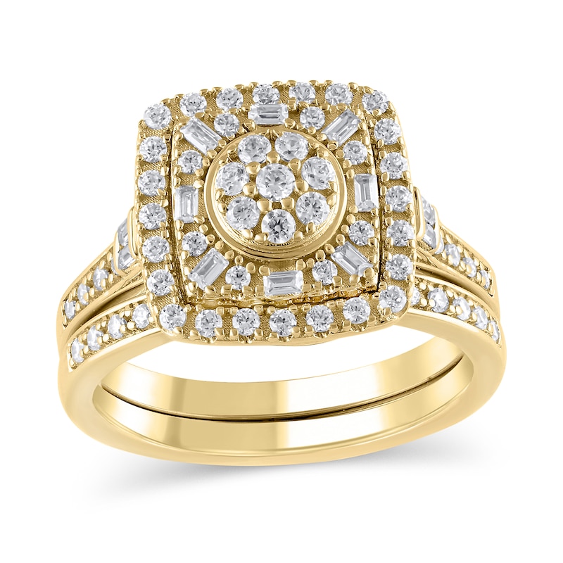Main Image 1 of 1/2 CT. T.W. Multi-Diamond Cushion Frame Bridal Set in 10K Gold
