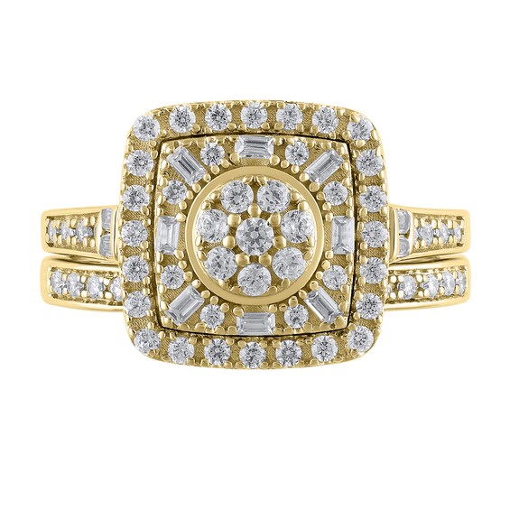 1/2 CT. T.w. Multi-Diamond Cushion Frame Bridal Set in 10K Gold