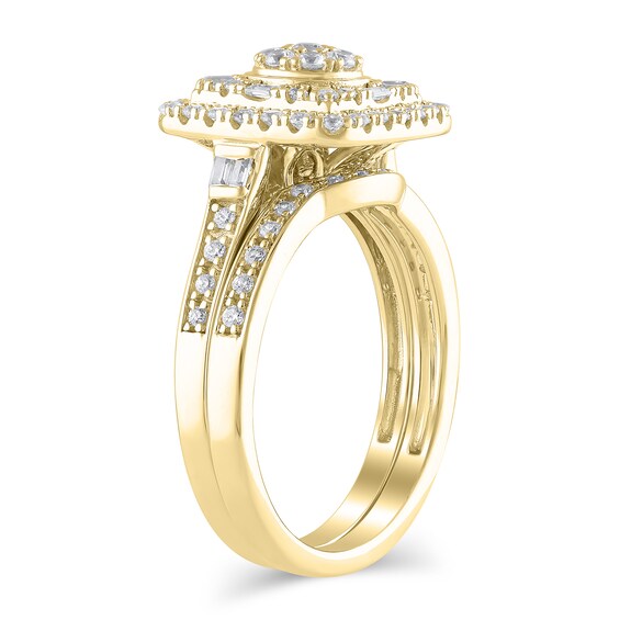 1/2 CT. T.w. Multi-Diamond Cushion Frame Bridal Set in 10K Gold