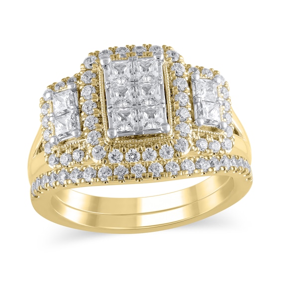 1-1/2 CT. T.w. Emerald Multi-Diamond Frame Three Stone Bridal Set in 10K Gold