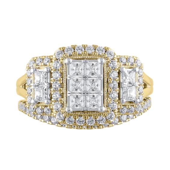 1-1/2 CT. T.w. Emerald Multi-Diamond Frame Three Stone Bridal Set in 10K Gold